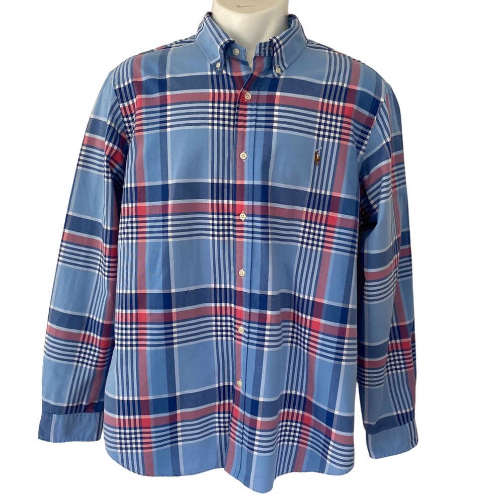 Ralph Lauren Pony Shirt Men Size XL Blue Label Plaid Dress Shirt Button Up Front